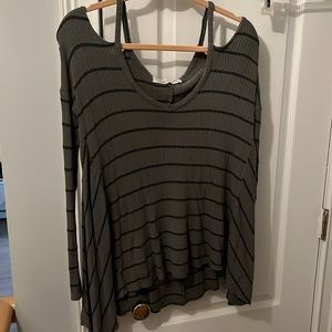 Super flattering gray off the shoulder, cold shoulder sweater with black stripes